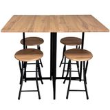 DRW Set van klaptafel en 4 krukken van metaal, zwart en naturel, 100 x 70 x 75 cm