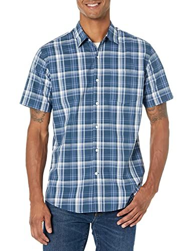 Amazon Essentials Men's Poplin Short-Sleeve Shirt - Navy Blue Plaid - S
