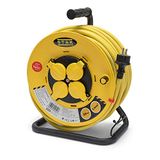 Stak REELPRO-FR-25 kabelhaspel, professioneel, vaste trommel, waterdicht IP44, 25 m lange rubberen kabel 3G2,5 mm2 voor bouwplaatsen, knutselen, tuin 4 stopcontacten, frame van staal, geel