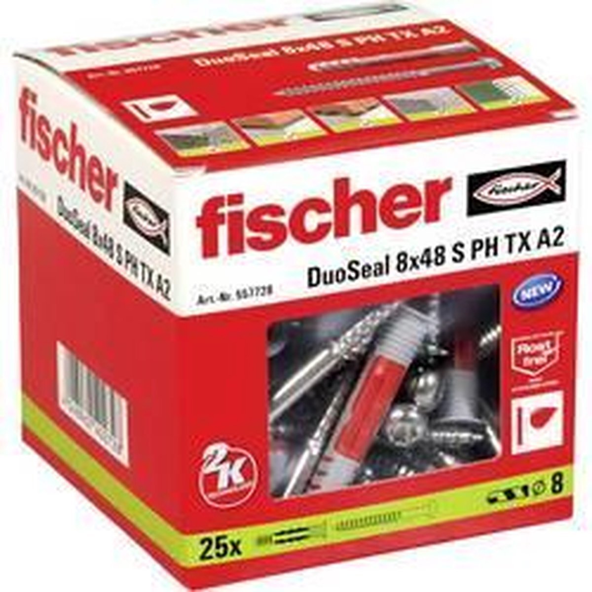 Fischer fischer 557728 universele pluggen DuoSeal 8 x 48 S A2 voor bevestiging in natte ruimtes, met rvs schroeven, 25 stuks