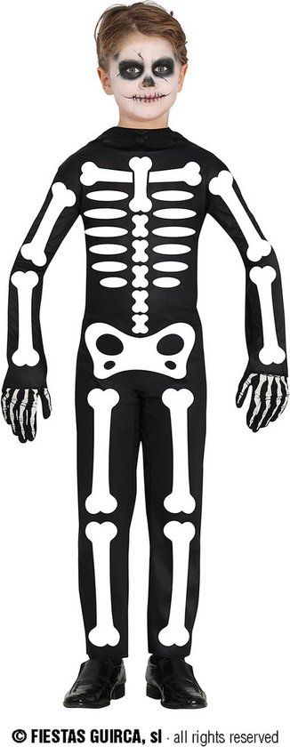 Guirca - Skelet Kostuum Kind - Zwart/Wit - 5-6 jaar - Halloween