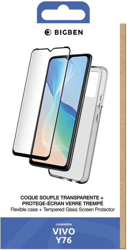 Bigben Connected Protection Pack - Achterzijde behuizing voor mobiele telefoon - met gehard glas - zacht thermoplastisch polyurethaan (TPU), gehard glas - transparant - met schermbeveiliging van gehard glas - voor Vivo Y76