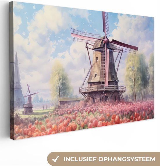 OneMillionCanvasses Canvas schilderij 180x120 cm - Molen - Tulpen - Bloemen - Landschap - Multicolor
