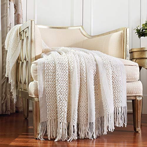 CREVENT Boerderij gebreide deken voor bank, sofa, stoel, bed, woondecoratie, zachte, warme, gezellige lichtgewicht getextureerde hoes voor lente, zomer, herfst (127 cm x 152 cm crème/wit)