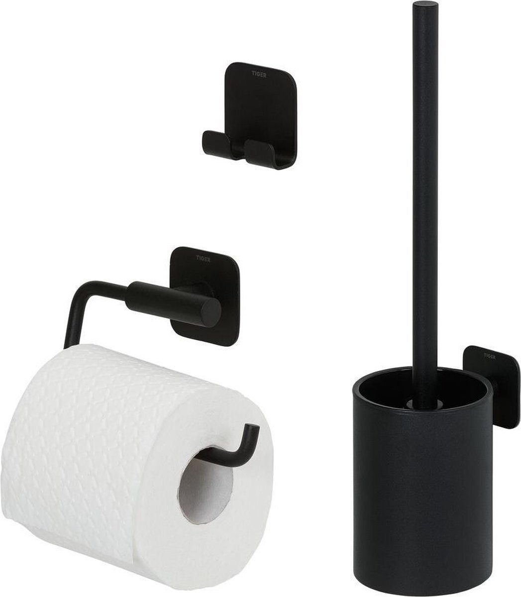 Tiger Colar Toiletaccessoireset - Toiletborstel met houder - Toiletrolhouder zonder klep - Handdoekhaak – - Zwart