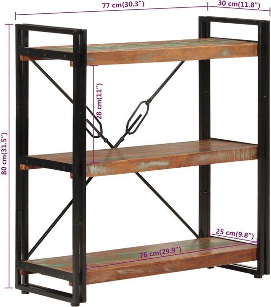 vidaXL Boekenkast 3-laags 77x30x80 cm massief recycled hout en ijzer