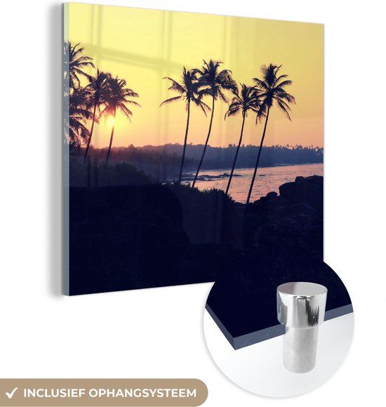 MuchoWow® Glass Painting 50x50 cm - Acrylic Glass Painting - Sea - Palm Tree - Evening - Landscape - Photo on Glass - Paintings