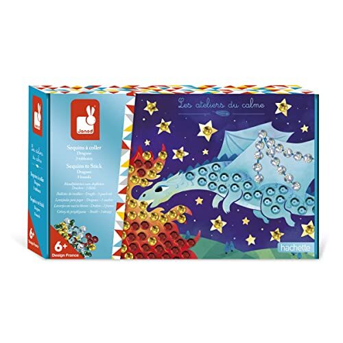 Janod - Set met pailletten om op te plakken Dragon – Les Ateliers du Calme – kit voor creatieve kinderen – leren fijne motoriek en concentratie – vanaf 6 jaar, J07921