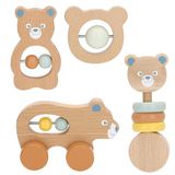 WOOMAX Set van 4 houten rammelaars, berenmotief, beweegbare kralen, pastelkleuren, FSC-gecertificeerd, afgeronde randen, educatief speelgoed