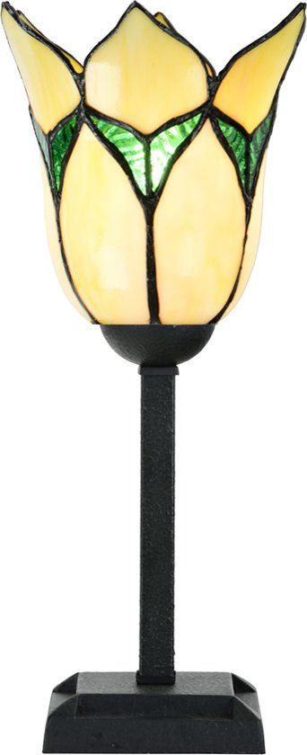 Art Deco Tiffany Tafellamp Lovely Flower Yellow - Geel/Groen Glas - 28cm