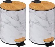 5Five Prullenbak/pedaalemmer Marmer look - 2x - wit - 3 liter - metaal/bamboe - 17 x 25 cm - soft close