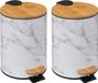 5Five Prullenbak/pedaalemmer Marmer look - 2x - wit - 3 liter - metaal/bamboe - 17 x 25 cm - soft close