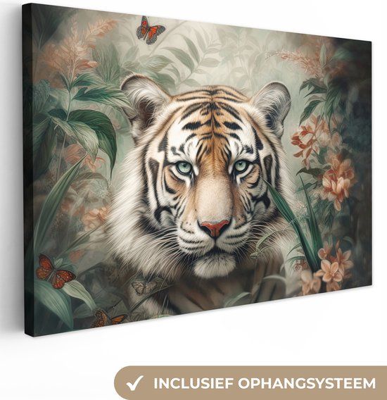 OneMillionCanvasses Canvas schilderij 150x100 cm - Tijger - Bloemen - Wanddecoratie