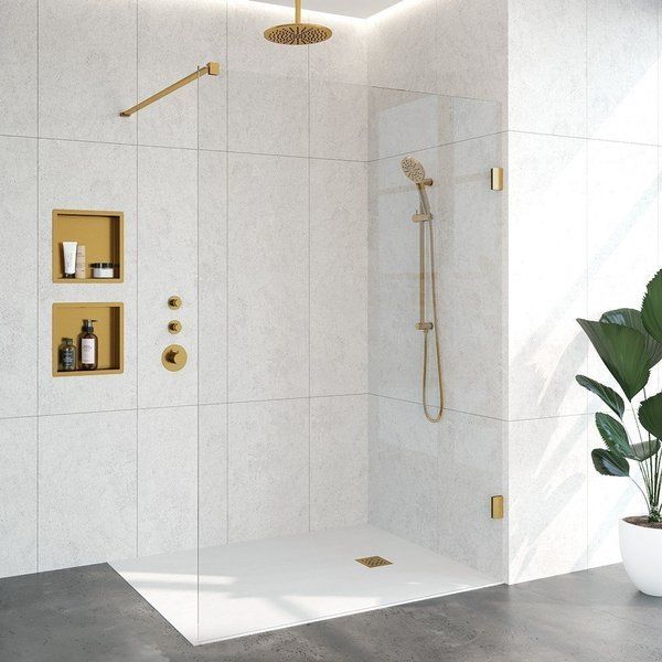 Saniclass Create Inloopdouche 140x200cm profielloos met antikalk en 8mm veiligheidsglas Goud geborsteld