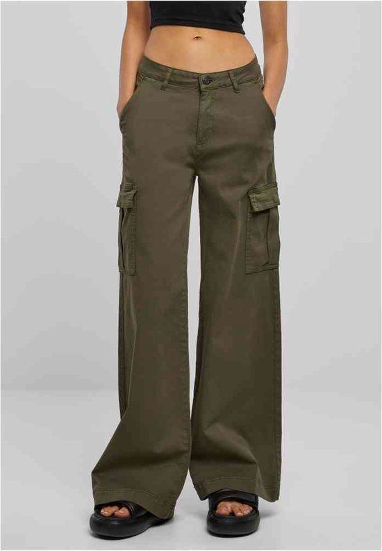 Urban Classics - High Waist Wide Leg Twill Cargobroek - Olijfgroen - Maat 36