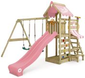 Wickey VanillaFlyer Speeltoestel - Dubbele schommel met Glijbaan en Picknicktafel - Klimwand & Zandbak - 322x429x263 cm - Pastelroze