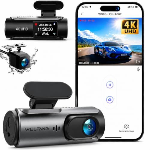 WOLFANG Dashcam Auto Voor Achter 4K WiFi Dashcam, Ultra Nachtzicht, 170° Groothoek, WDR, 24-uurs parkeermodus, G-sensor, Loop Recording