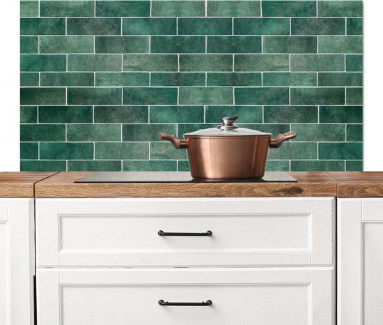 KitchenYeah Spatscherm keuken 120x60 cm - Tegels - Groen - Aluminium