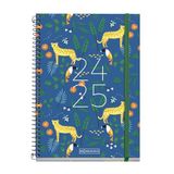 Miquelrius Schoolagenda 2024-2025, september 2024 tot juni 2025, afmetingen 154 x 215 mm, weekoverzicht, gevoerde kartonnen omslag, metalen spiraalbinding, zwart, Spaans en Engels, jungle