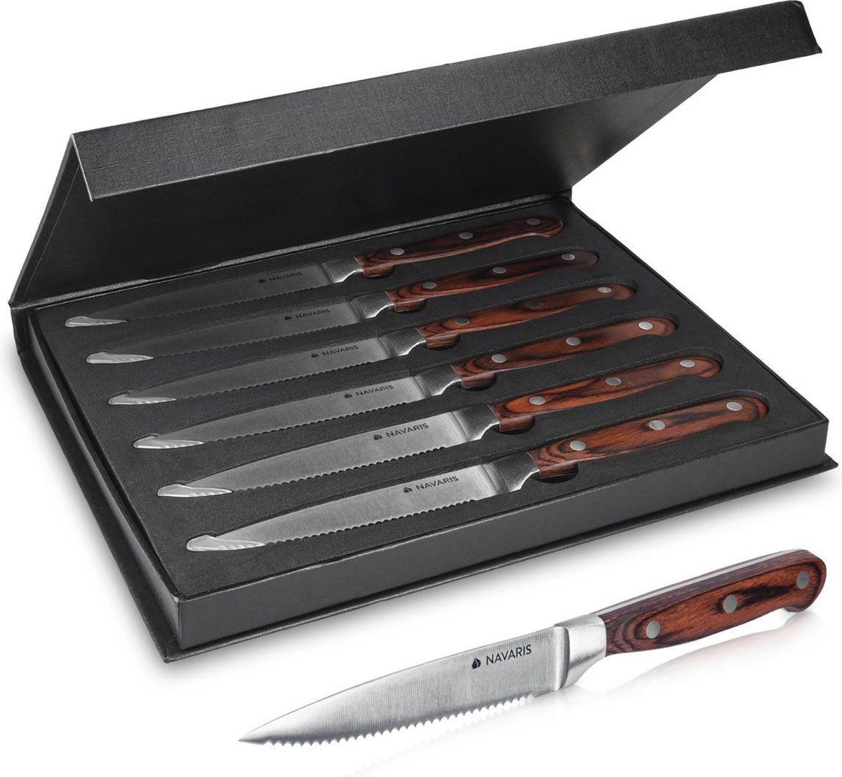 Navaris steakmessen met houten handvat - 6-delige steakmessenset - RVS - Bruin - Geschenkdoos