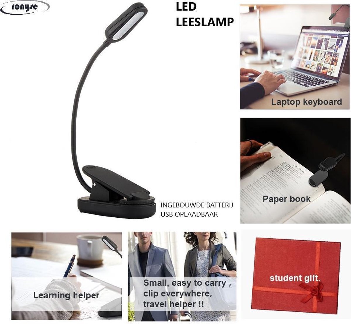 Ronyse Leeslampje Met Klem - Led Reading Lamp - Flexibele Clip Op Boek ...