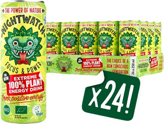 Nightwatch Focus & Power - Energy Drink - Pre Workout - 100% Plantaardige Drank (Vegan) - 24 Pack x 250ML
