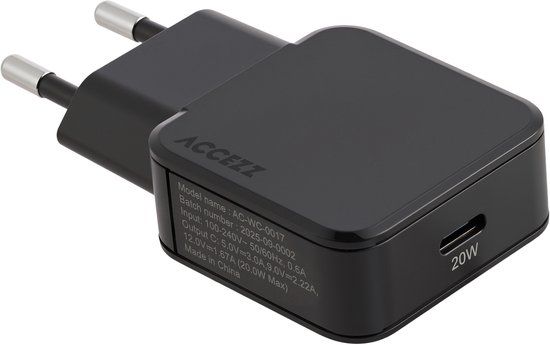 Accezz Ultra Slim GaN Oplader - USB-C - 20W - Zwart