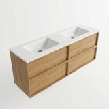 Saniclass Holz Frame Badkamermeubelset - 160x45x77.5cm - Torino solid surface wastafel wit - zonder kraangat - 4 lades - mat eiken natural (hout) SW1578620/SW1471860