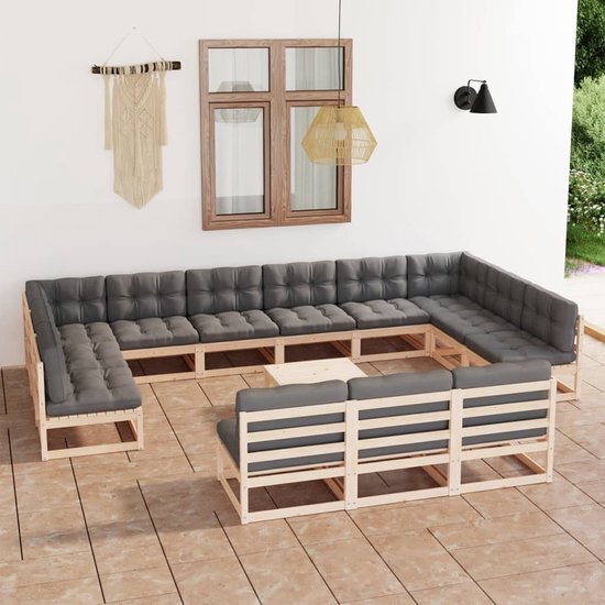 The Living Store Loungeset Grenenhout - Tuinmeubelen - 70x70x67 cm - Grijs kussen