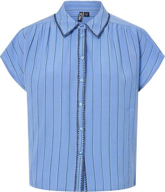 PIECES Curve PIECES - PCBATITHI SS WVN SHIRT FC QX - Meisjes - Blouses - Maat 50 - Viscose/Katoen/Linnen - Gestreept - Blauw