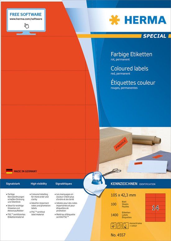 Herma Etiketten A4 rot 105x42,3mm Papier matt 1400 St.