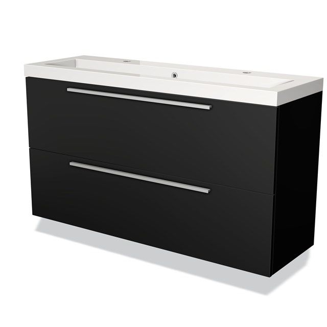 Maxaro Badkamermeubel 120cm Modulo Slim Mat Zwart 2 Lades Vlak Wastafel Mineraalmarmer
