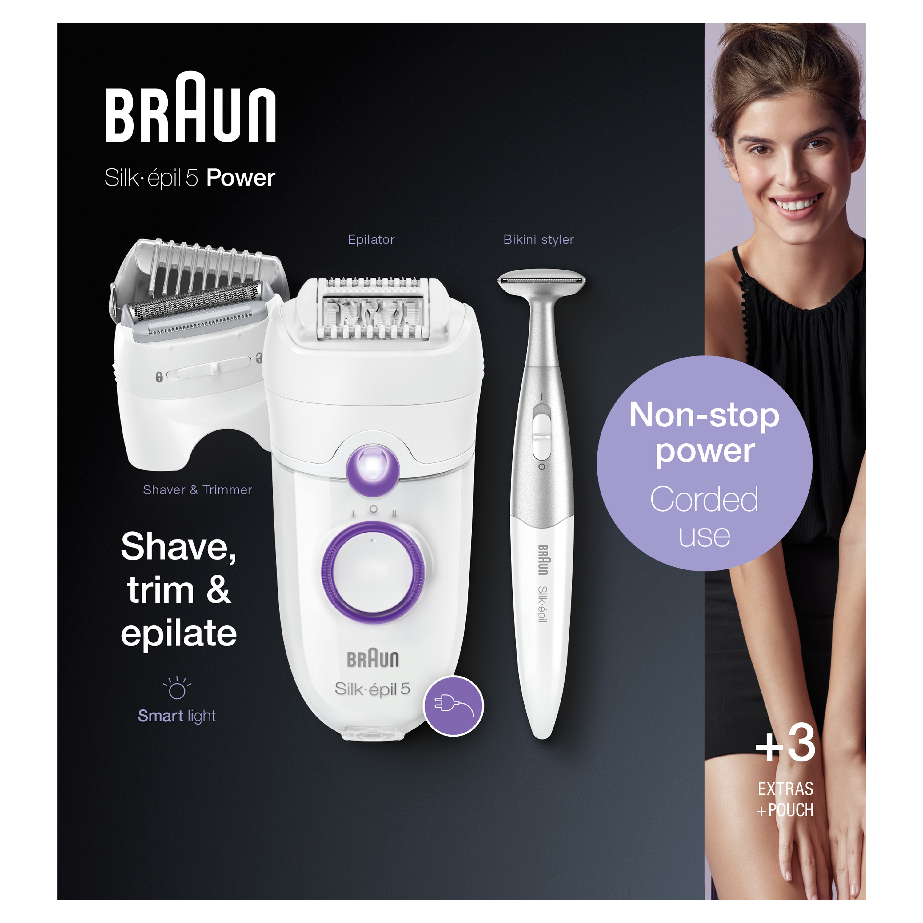 Braun Braun Silk-&#233;pil 5-825, Epilator Voor Beginners met Snoer, Scheerkop, Trimmeropzetstuk, Bikinistyler