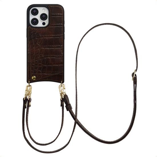 Selencia Hoesje - Geschikt voor Apple iPhone 16 Pro - Croco Backcover met koord en pashouder - Choco Brown