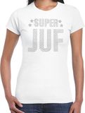 Bellatio Decorations Glitter Super Juf t-shirt wit met steentjes/ rhinestones voor dames - Lerares cadeau shirts - Glitter kleding/foute party outfit XS