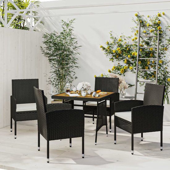 The Living Store Tuinset - PE-rattan - Acaciahout - 4 stoelen - Zwart - Crèmewit