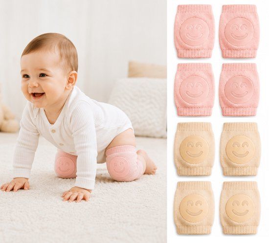 Mylinsé 4 paar - Baby kniebeschermers - Antislip sokken - Smiley - Roze Beige - Maat 17 - Katoen