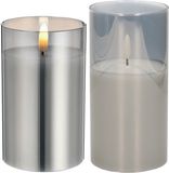 CEPEWA Set de 2x bougies LED de luxe en verre gris 12,5 et 15 cm avec minuterie sur piles