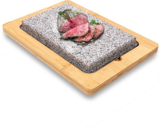 NutriChef Grillsteen Set – Graniet Kooksteen Grill voor BBQ met Bamboe Plank & Antislip Handgrepen – Instelbare Temperatuur tot 290°C – Perfect voor Vlees & Groenten – Sissende Tafelgrill