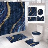 BEIFIVCL Luxe marmeren douchegordijn, set van 4 douchegordijnen, contourmat en badmat, douchegordijn met 12 haken voor badkamerdecoratie, 183 x 183 cm, blauw