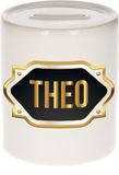 Bellatio Decorations Spaarpot met voornaam Theo - wit - met goud/zwart embleem - 8 x 9 cm - keramiek - met afsluitdop - cadeau verjaardag