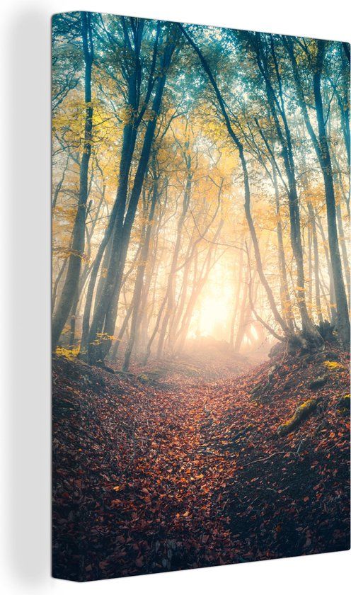 OneMillionCanvasses Canvas schilderij 120x180 cm - Bos - Mist - Zon - Herfst - Multicolor