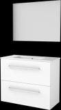 Basic Basic-Line Basic 39 Ensemble de meubles de salle de bain - Peu profond - 80 x 39 cm - Avec poignées - 2 tiroirs - Lavabo en céramique - 1 trou de robinet - Miroir - Blanc glacé