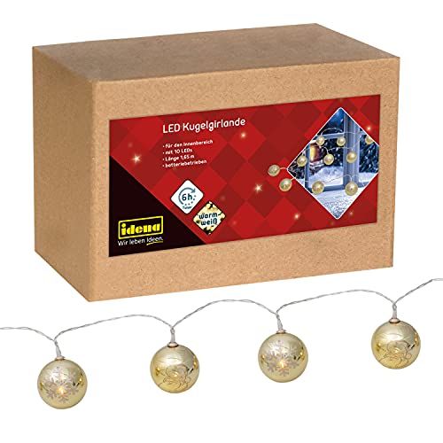 Idena Ledslinger - 10 LED's - Gouden Kerstballen - Warmwit - Batterij - Timer