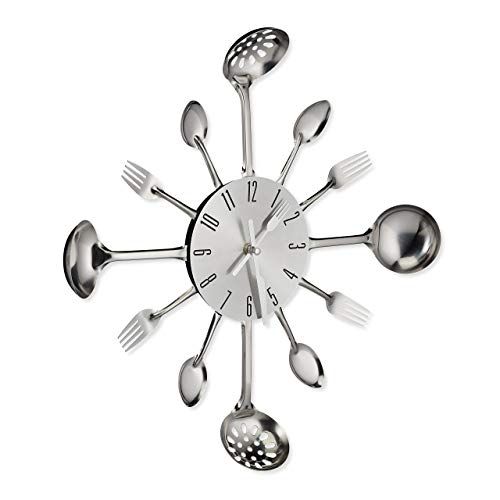 Relaxdays Wandklok bestek, keukenklok lepel, vork & kelle, Ø 40 cm, zilver