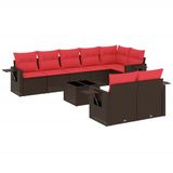 vidaXL 9-delige tuinbankset met kussens, bruin, polyrotan