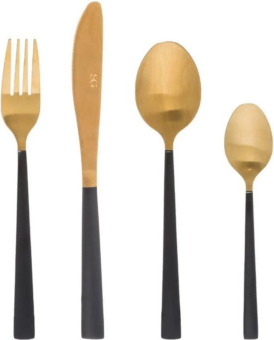 Merkloos RVS 16-delige bestekset goud/zwart voor 4 personen