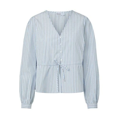 PIECES Gestreepte Blouse met Strass-steentjes - Lichtblauw