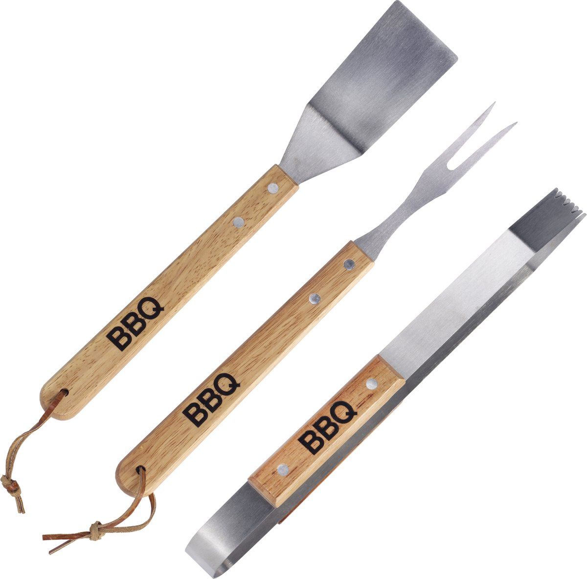 Trendo Luxe barbecue gereedschap set met houten handgrepen 3-delig RVS - Met zwart BBQ schort Ik steak alles in de fik! - Vaderdag cadeau