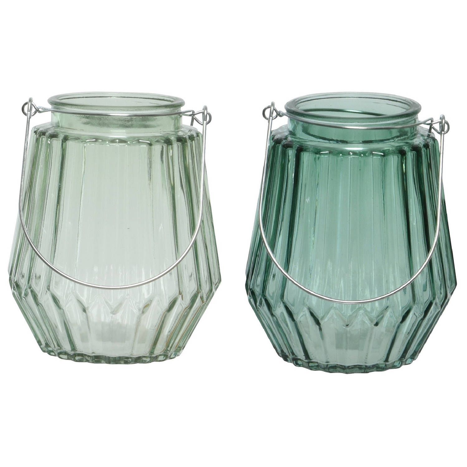 Decoris Set van 2x theelichthouders glas zeegroen/mistgroen met metalen handvat 11 x 13 cm